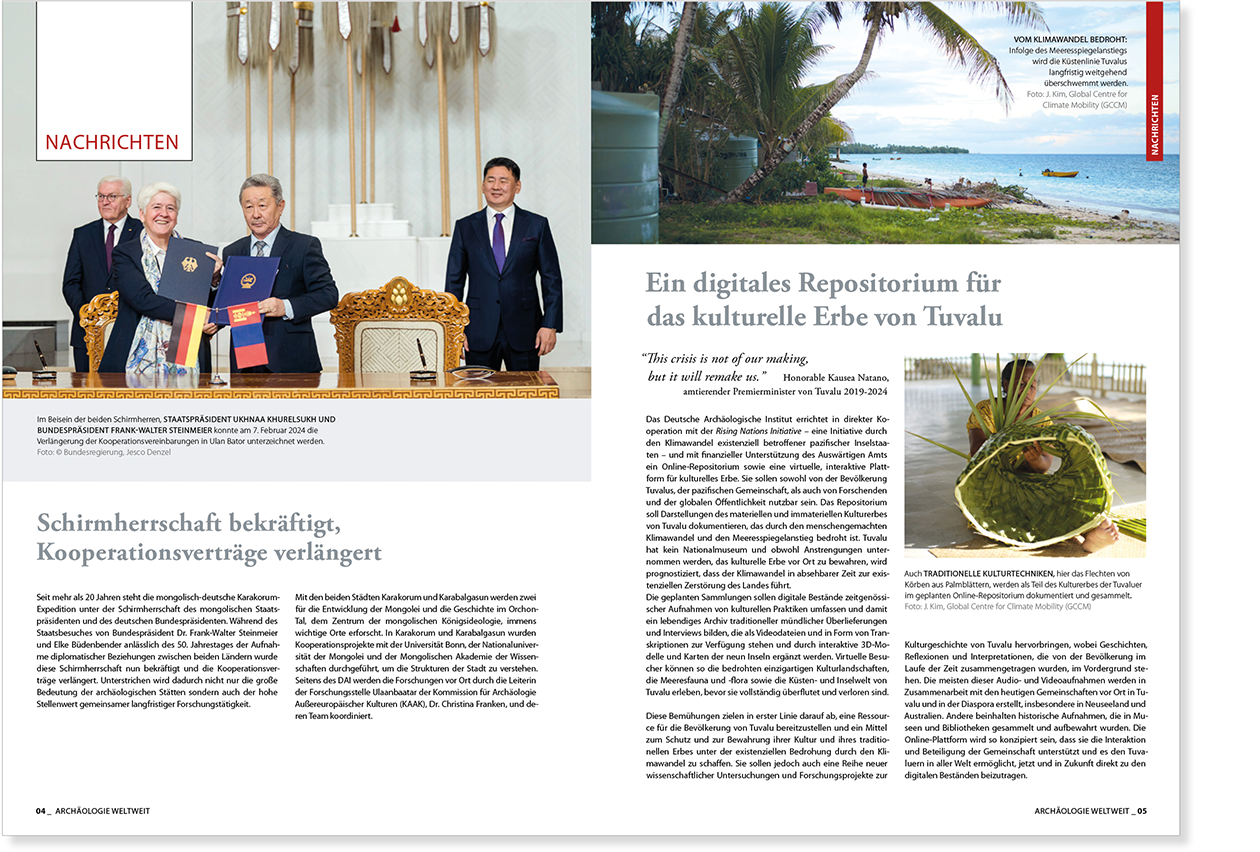 Doppelseite Nachrichten, Magazin Archäologie Weltweit