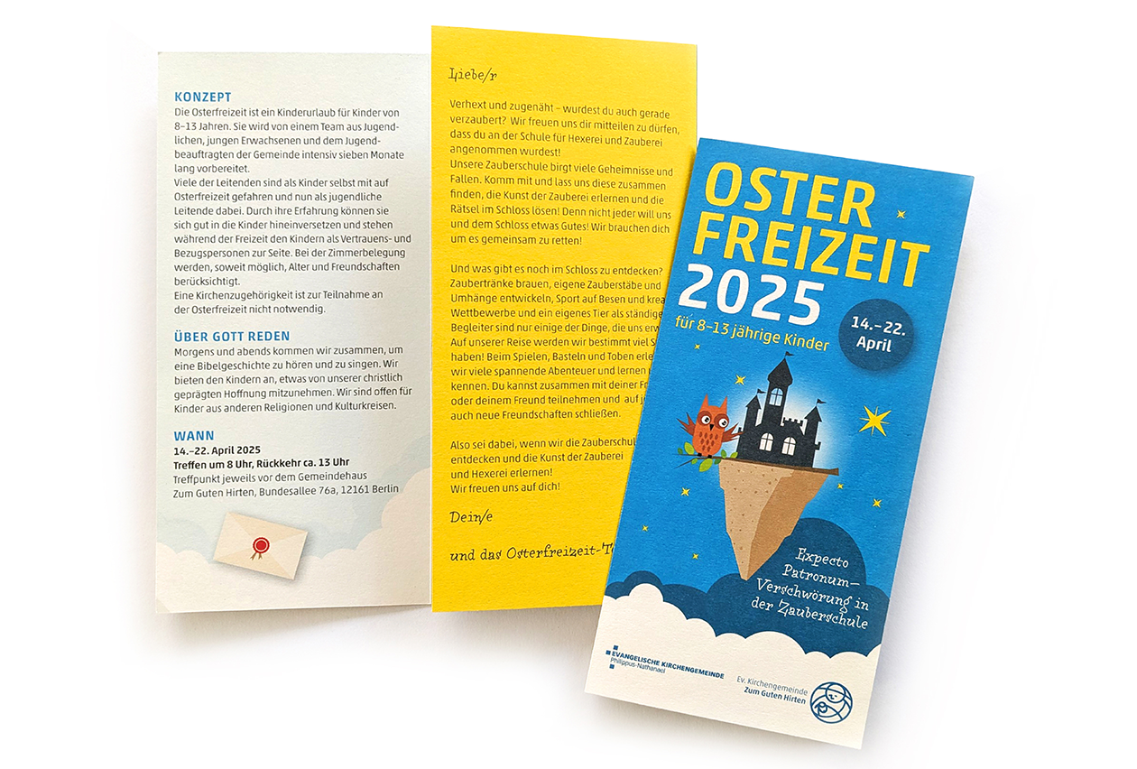 Flyergestaltung für die Osterfreizeit, Gemeinde Zum Guten Hirten